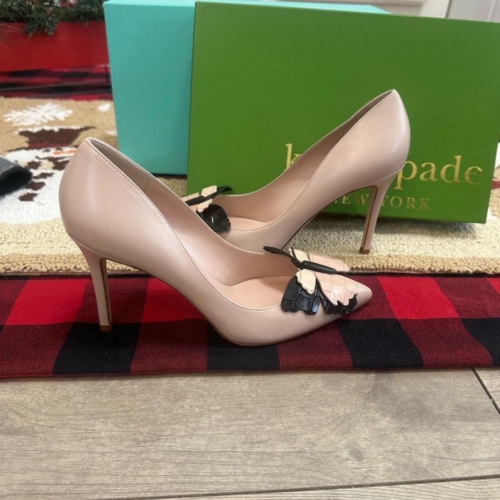New Kate Spade Laurie Heels Butterfly Women’s 6.5 w/ Box Pale Pink Nappa Leather - Picture 10 of 16